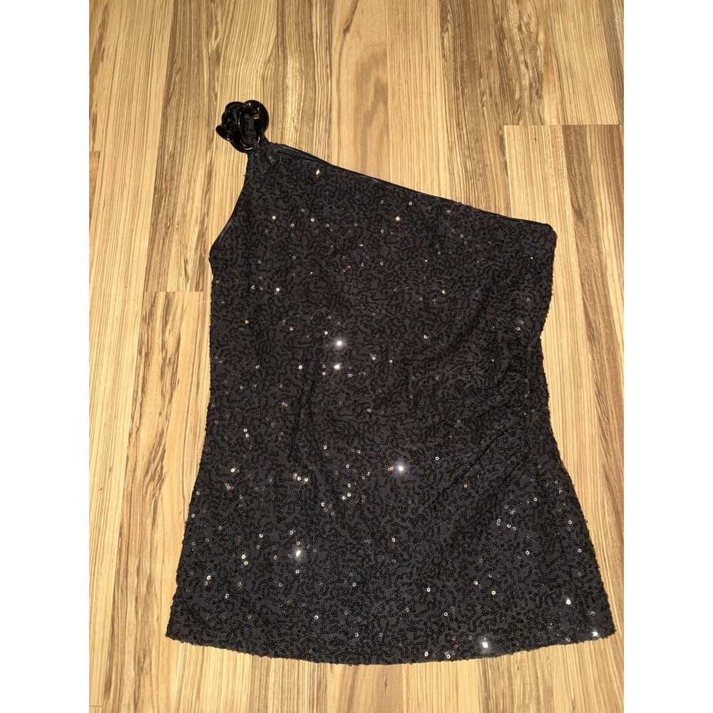 VTG Cache NEW Tags‎ Sz Small Black One Shoulder Sequin Top Chain Detail